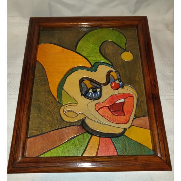 CREEPY CLOWN Colorful Art Picture Inlaid Wood JOKER JESTER Plaque 15x12 Signed - Picture 1 of 16